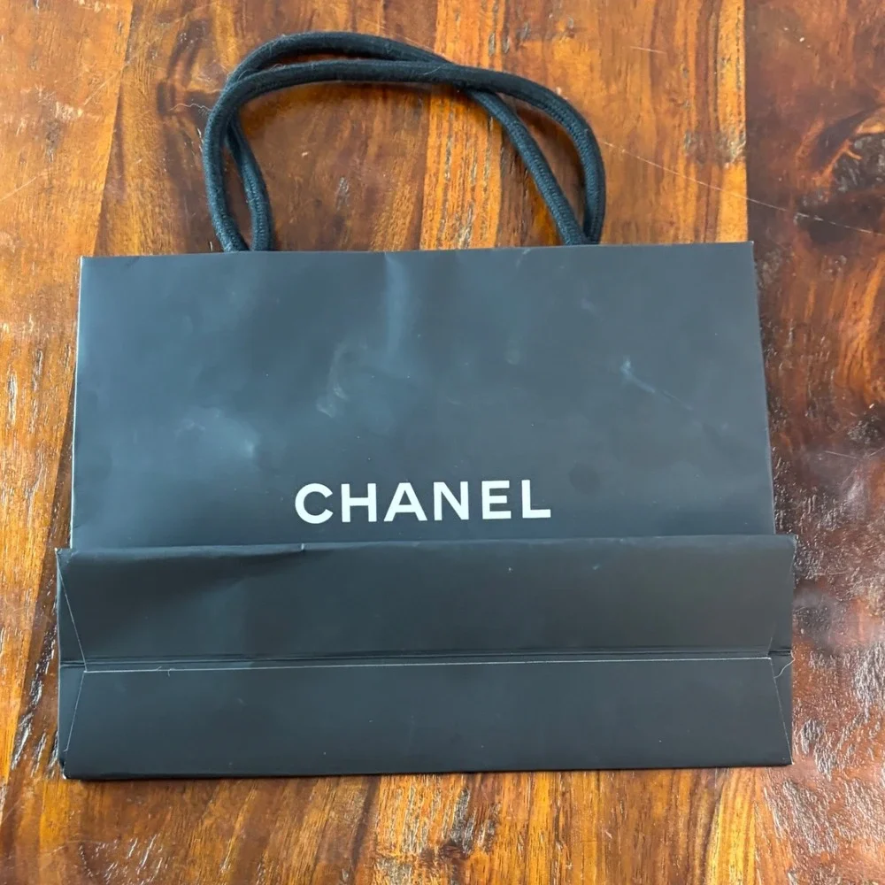 Chanel Black Paper Shopping Bag with White Camellia Flower Small Logo Gift Bag